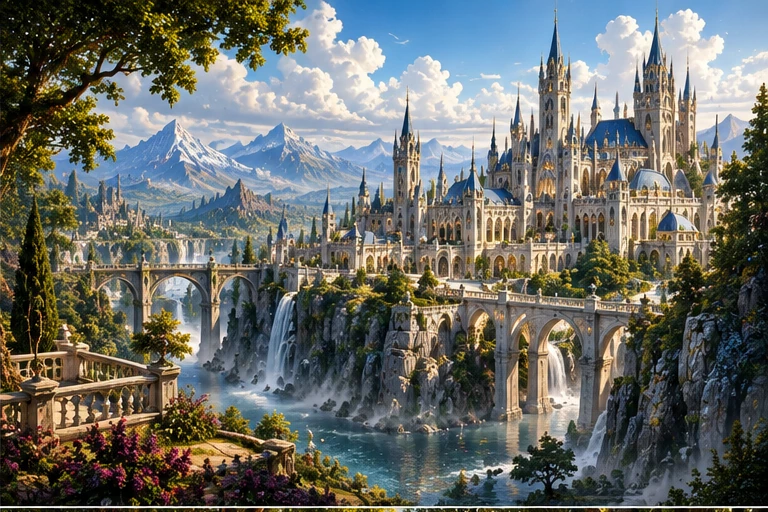Sunlit white-stone towers and bridges of Palanthas against a mountain backdrop