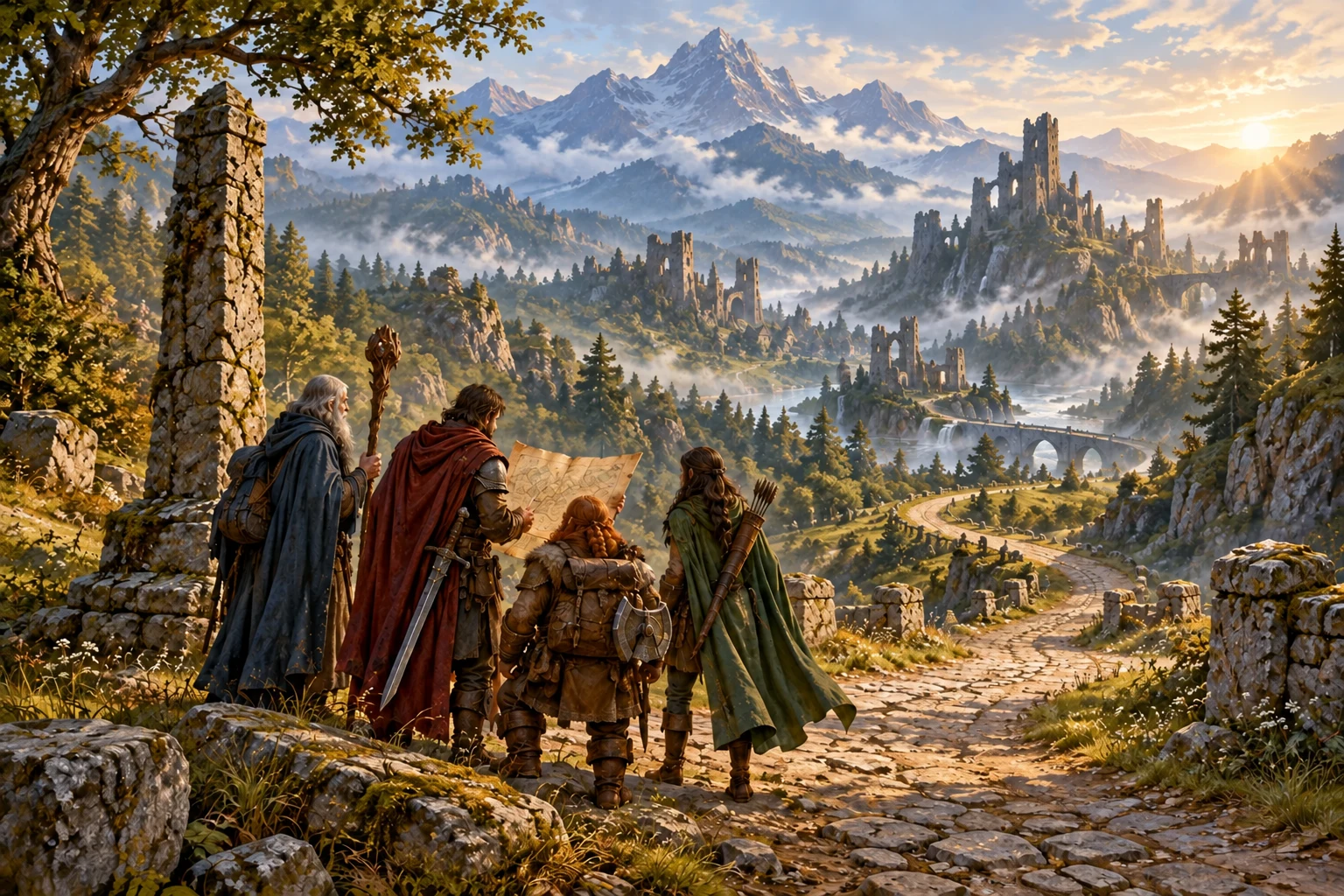 Adventurers studying a map at a stone crossroads overlooking a winding road, ancient ruins, and misty mountains