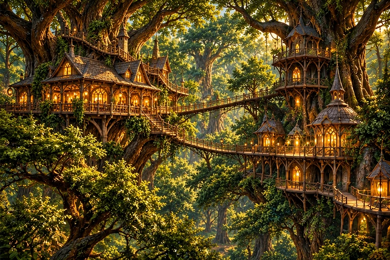 A welcoming treetop inn and wooden walkways among the giant forest trees of Solace